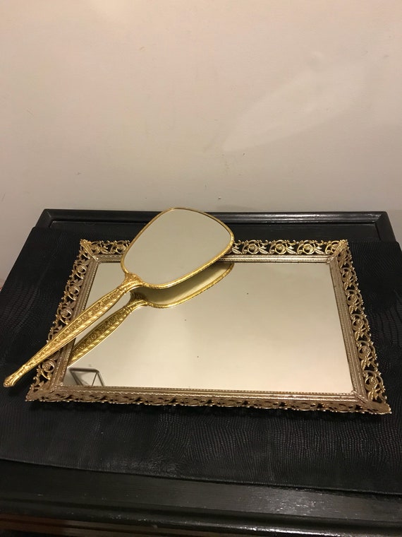 2 Piece Vanity Set Large Vintage Brass Filigree Mirror Tray Vintage Brass Filigree Mirror Tray