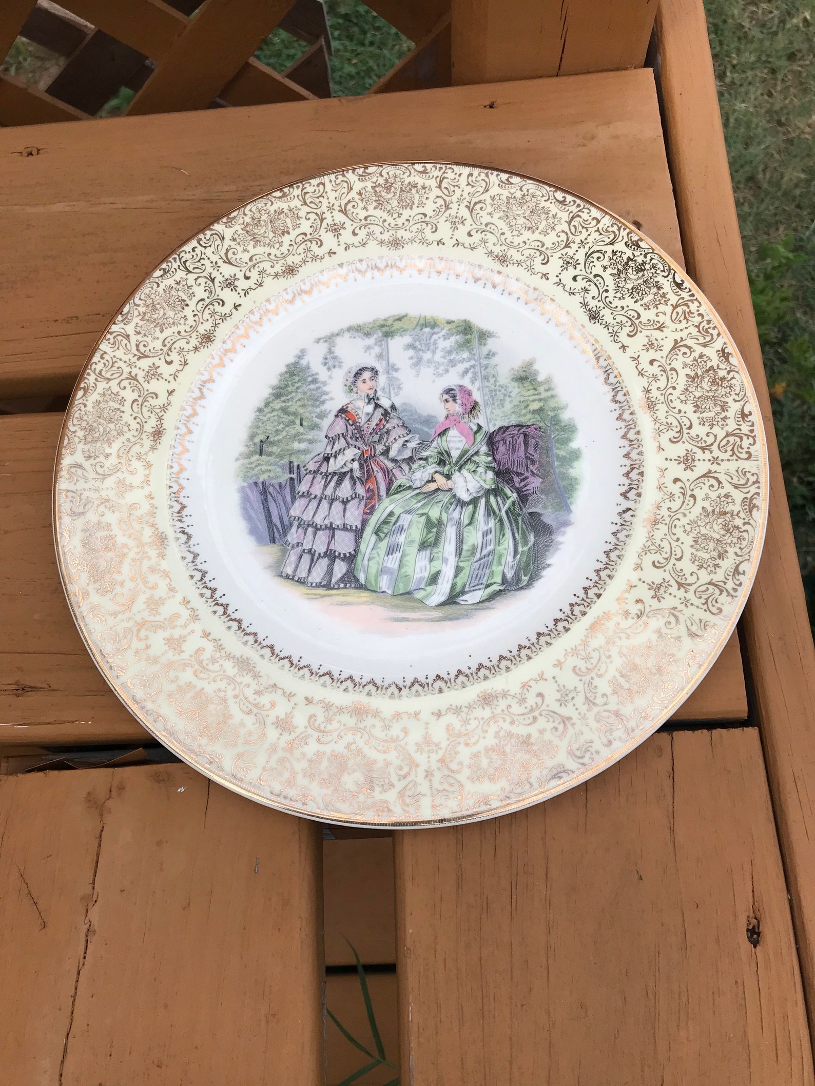 Vintage Gold Trim Plate Porcelain Collectible Victorian Courting Ladies vintage-gold-trim-plate-porcelain-collectible-victorian-courting-ladies