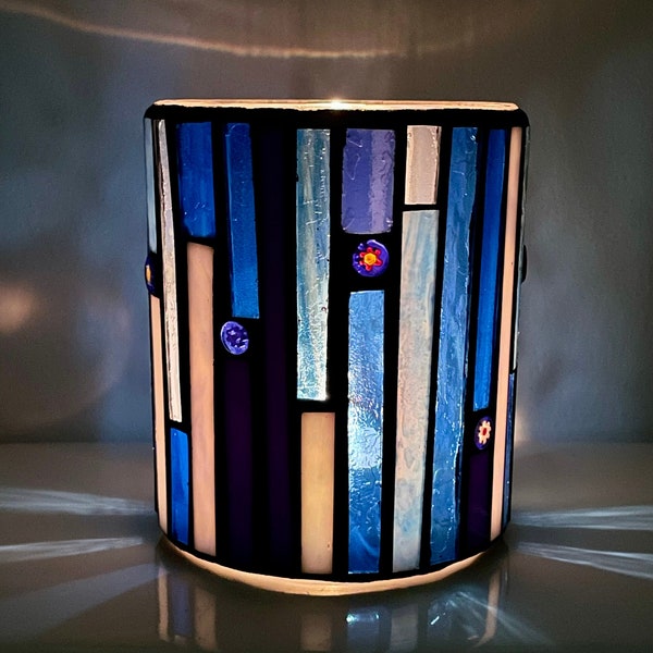 Beautiful Upcycled Blue Stained Glass Vase/Blue Mosaic Candle Holder