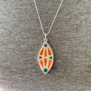 Moroccan Tiny Ceramic Tile Marquise Pendant/Elliptical Shaped Silver Pendant Necklace