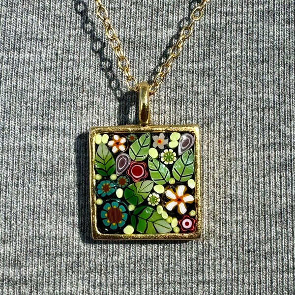 Dainty Tiny Floral Micromosaic Pendant Necklace/Summer Garden Inspired Micromosaic Pendant Necklace