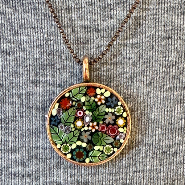 Circular Dainty Mini Floral Micromosaic Pendant/Unique Tiny Floral Mircromosaic Pendant Necklace