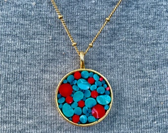 Circular Modern Micromosaic Pendant Necklace/ Turquoise and Red Mosaic Pendant Necklace