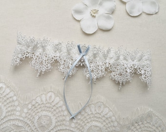 Wedding garter with ivory lace, blue wedding garter, something blue bridal garter with a crystal