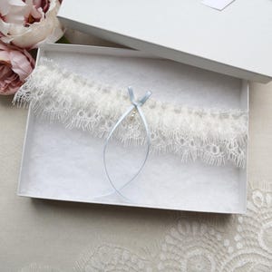 Ivory Eyelash Lace Bridal Garter for Weddings, Something Blue Wedding Garter with Pearl Drop