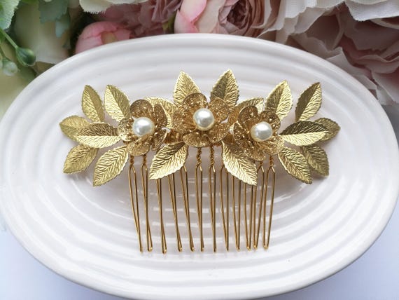 Gold Leaf Hair Comb, Gold Wedding Hair Comb, Gold Flower  display picture 2