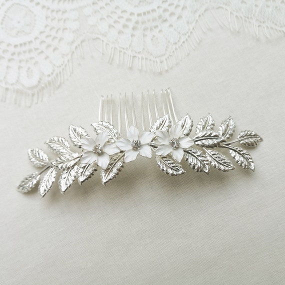 Bendable flower crystal clear white hair comb leaf White Flower Side Comb for Hair Bridal Wedding Crystal Pearl  main image 4