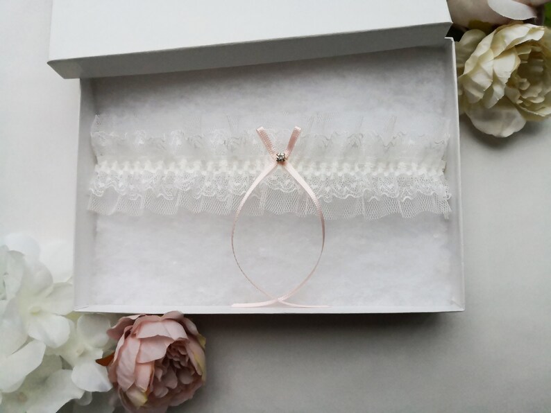 Pink bridal garter wedding garter with gift box ivory lace garter with a crystal ivory tulle garter