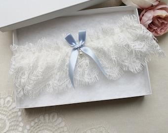 Blue bridal garter with pearl drop, ivory eyelash lace garter, blue garters for wedding