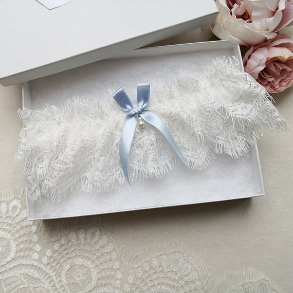 Blue Bridal Garter With Pearl Drop Ivory Eyelash Lace Garter | Etsy