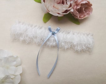 Wedding garter with ivory eyelash lace, bridal garter with blue bow and opal, blue garters for wedding