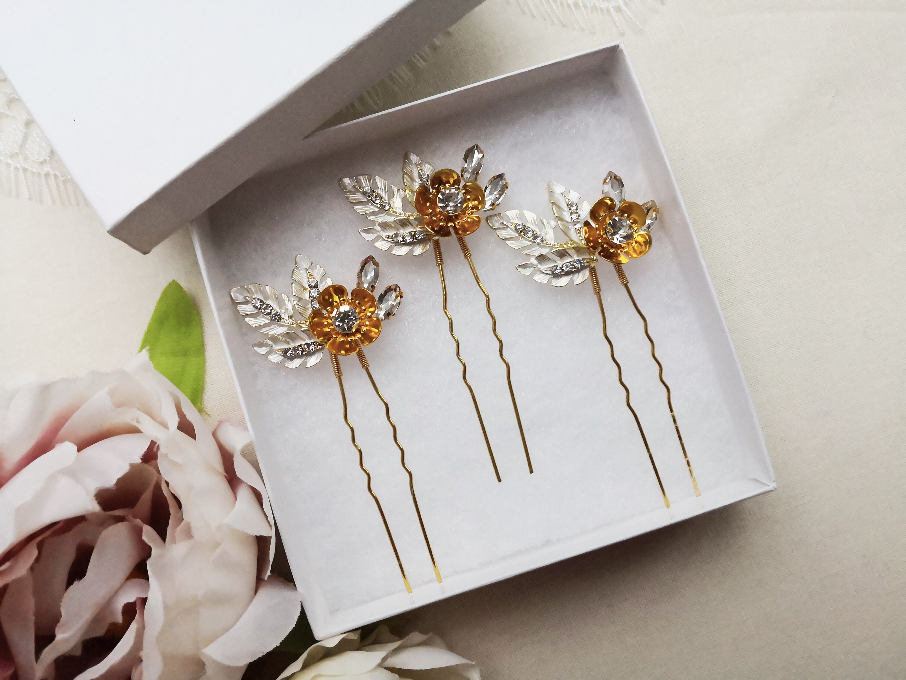 Set of Gold Flower Hair Pins Gold Leaf Wedding Hair Etsy UK
