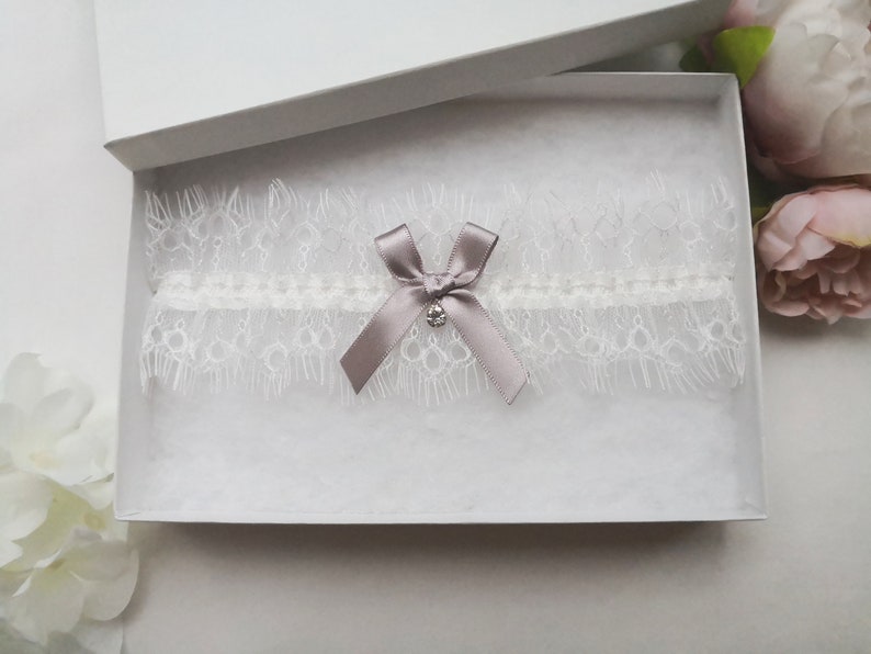 bridal garter with crystal drop ivory eyelash lace garter Silver grey wedding garter