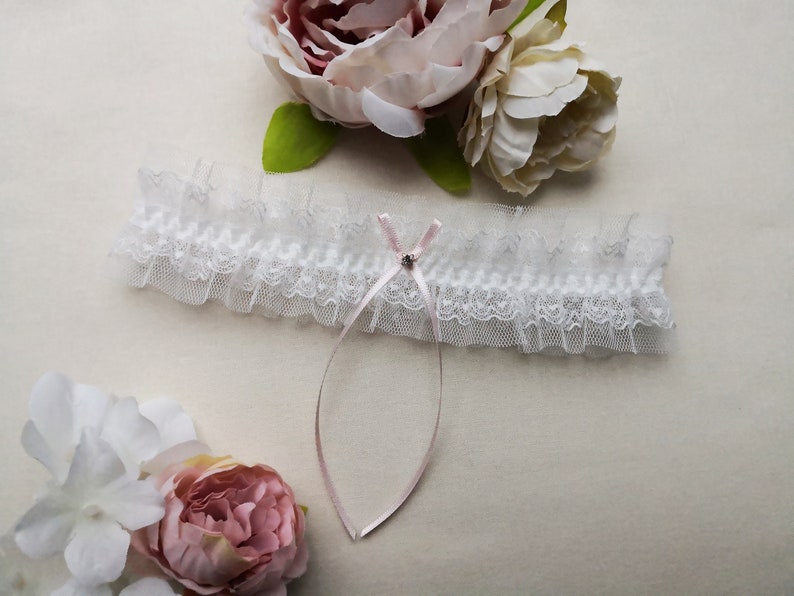 Pink bridal garter wedding garter with gift box ivory lace garter with a crystal ivory tulle garter