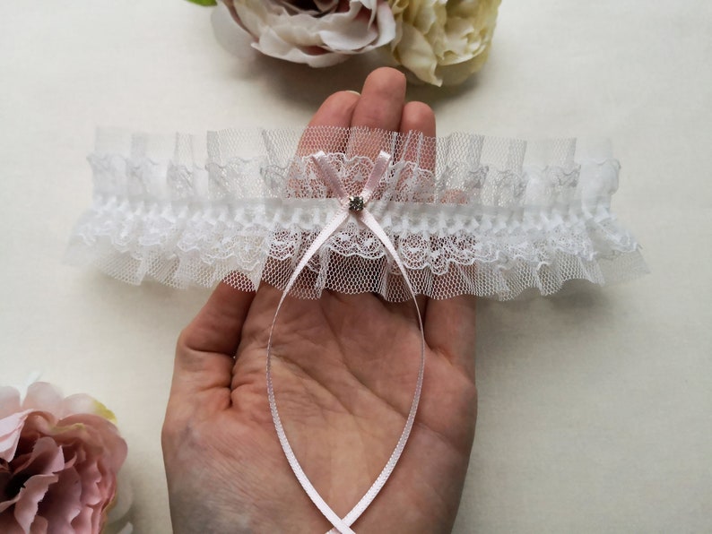 Pink bridal garter wedding garter with gift box ivory lace garter with a crystal ivory tulle garter