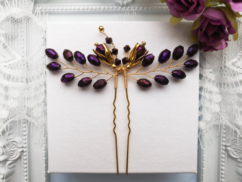 purple bridal hair piece purple wedding hair piece purple bridal hair pin Purple hair pin gold hair pin purple wedding hair pin