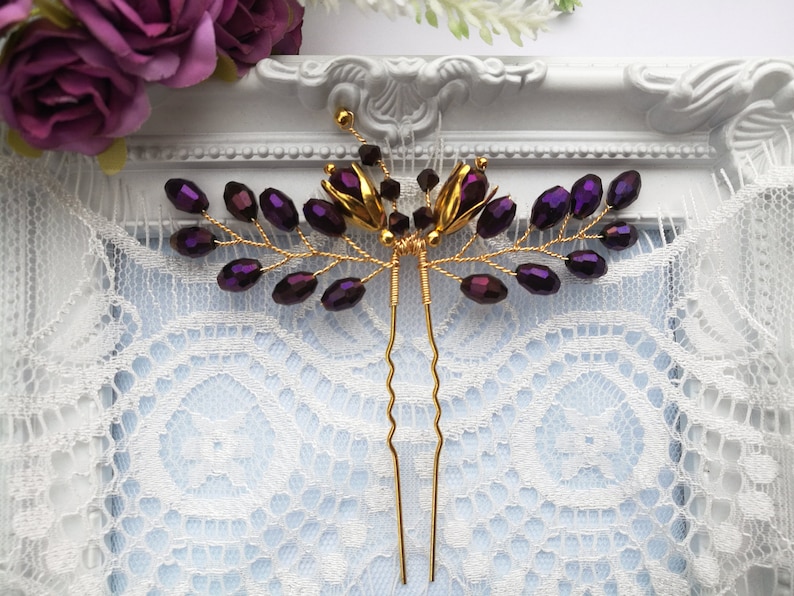 purple bridal hair piece purple wedding hair piece purple bridal hair pin Purple hair pin gold hair pin purple wedding hair pin