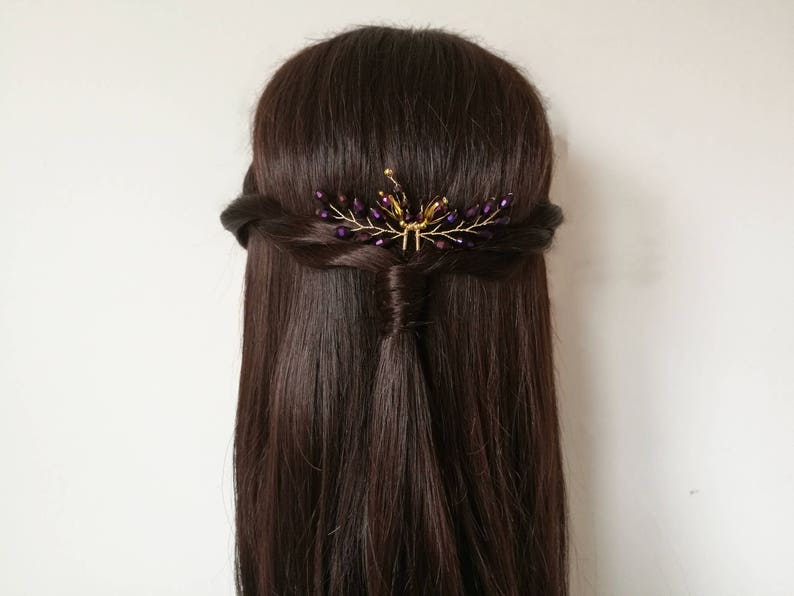 purple bridal hair piece purple wedding hair piece purple bridal hair pin Purple hair pin gold hair pin purple wedding hair pin