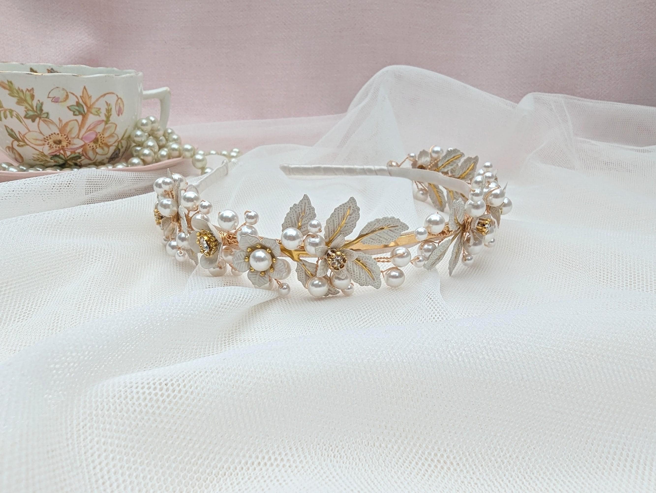 Ivory Flower and Leaf Headband, Hand Painted Enamel Wedding  display picture 1