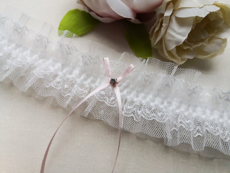 Pink bridal garter wedding garter with gift box ivory lace garter with a crystal ivory tulle garter