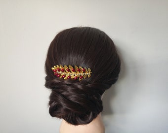 Gold leaf hair comb, red wedding hair comb, gold wedding hair piece, crystal bridal hair comb, gold leaf hair piece, red hair comb