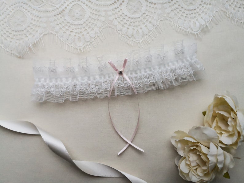 Pink bridal garter wedding garter with gift box ivory lace garter with a crystal ivory tulle garter