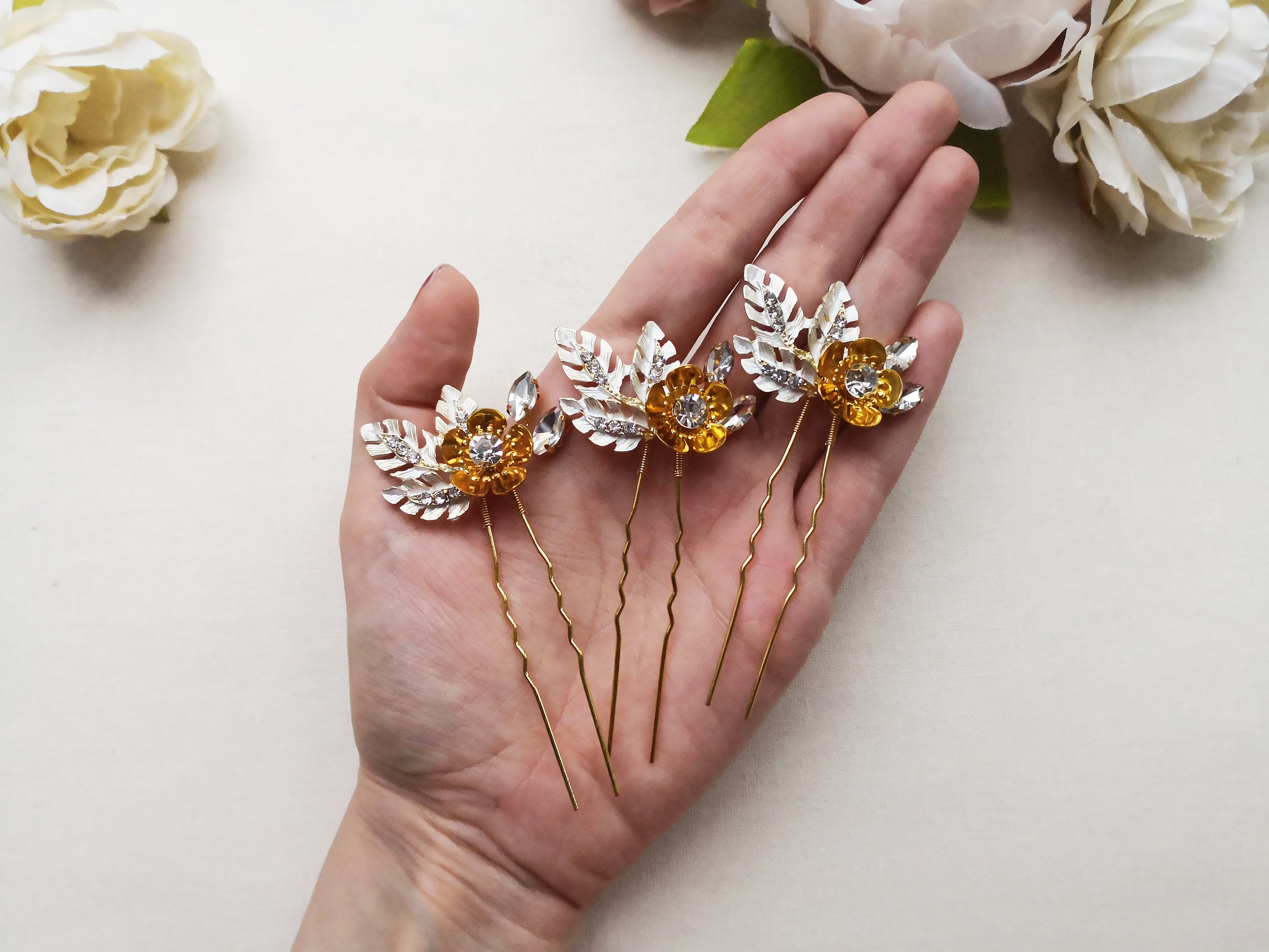 Set of Gold Flower Hair Pins Gold Leaf Wedding Hair Etsy UK