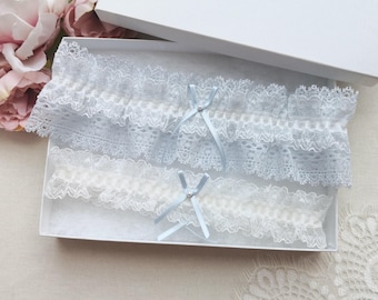 Powder blue garter set with pearls, blue bridal garter set, garters for wedding