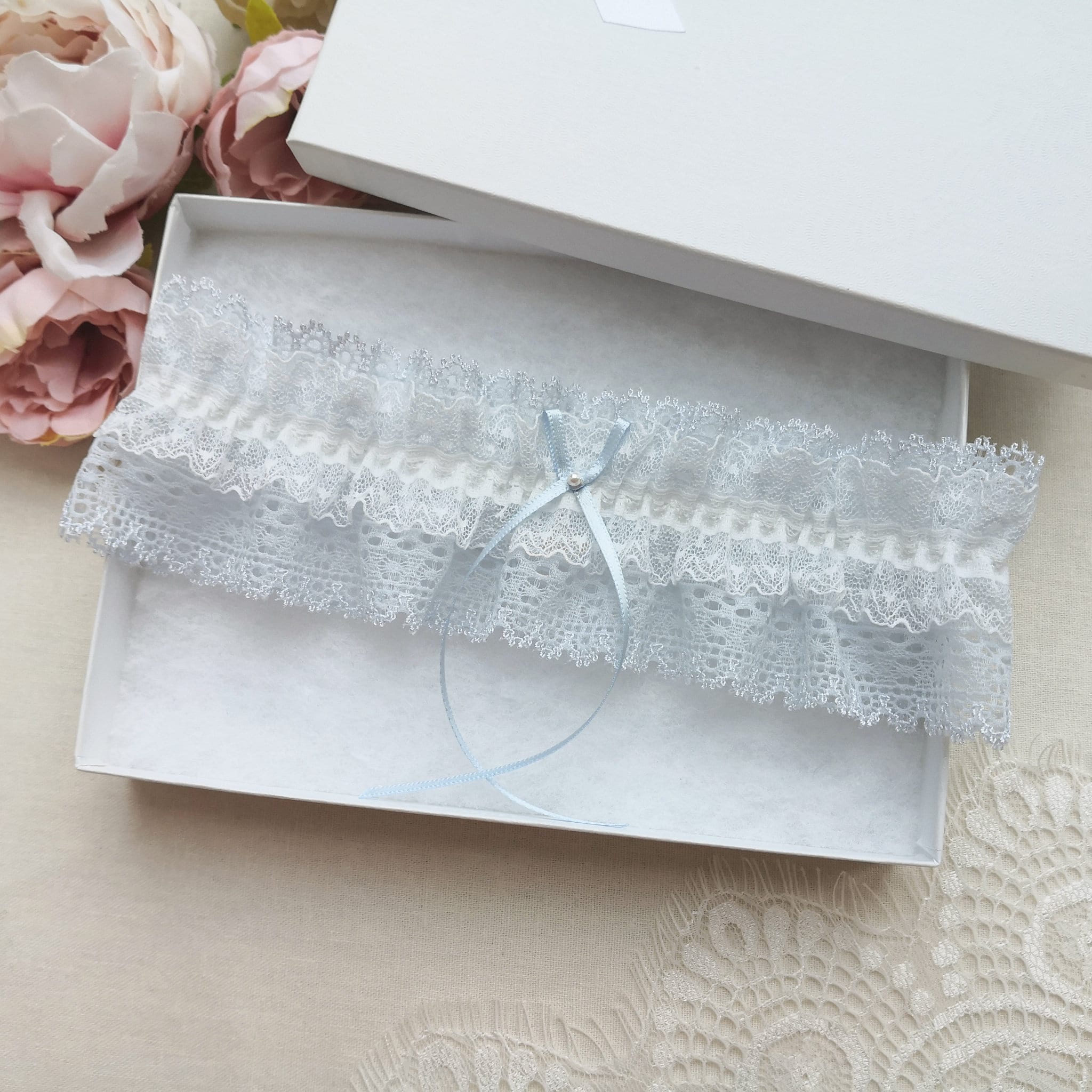 Powder Blue Wedding Garter, Bridal Keepsake with a Pearl, Gift for Bride
