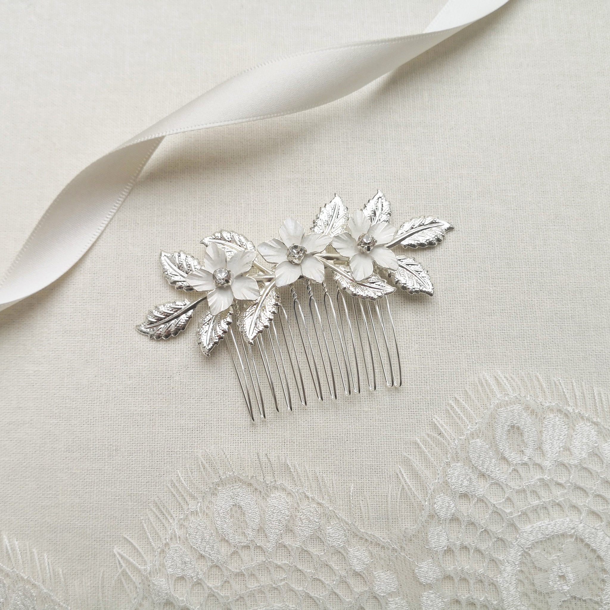 Silver leaf hair comb white flower wedding hair piece Etsy