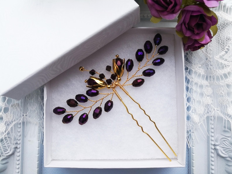 purple bridal hair piece purple wedding hair piece purple bridal hair pin Purple hair pin gold hair pin purple wedding hair pin