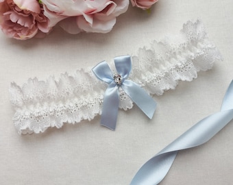 Blue bow wedding garter, ivory bridal garter with crystal, something blue garter