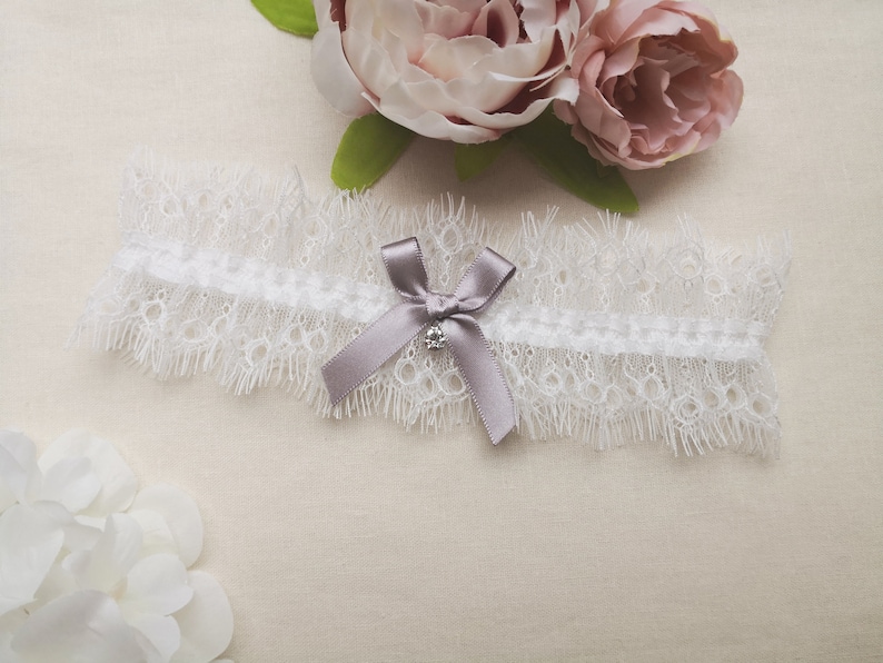 bridal garter with crystal drop ivory eyelash lace garter Silver grey wedding garter