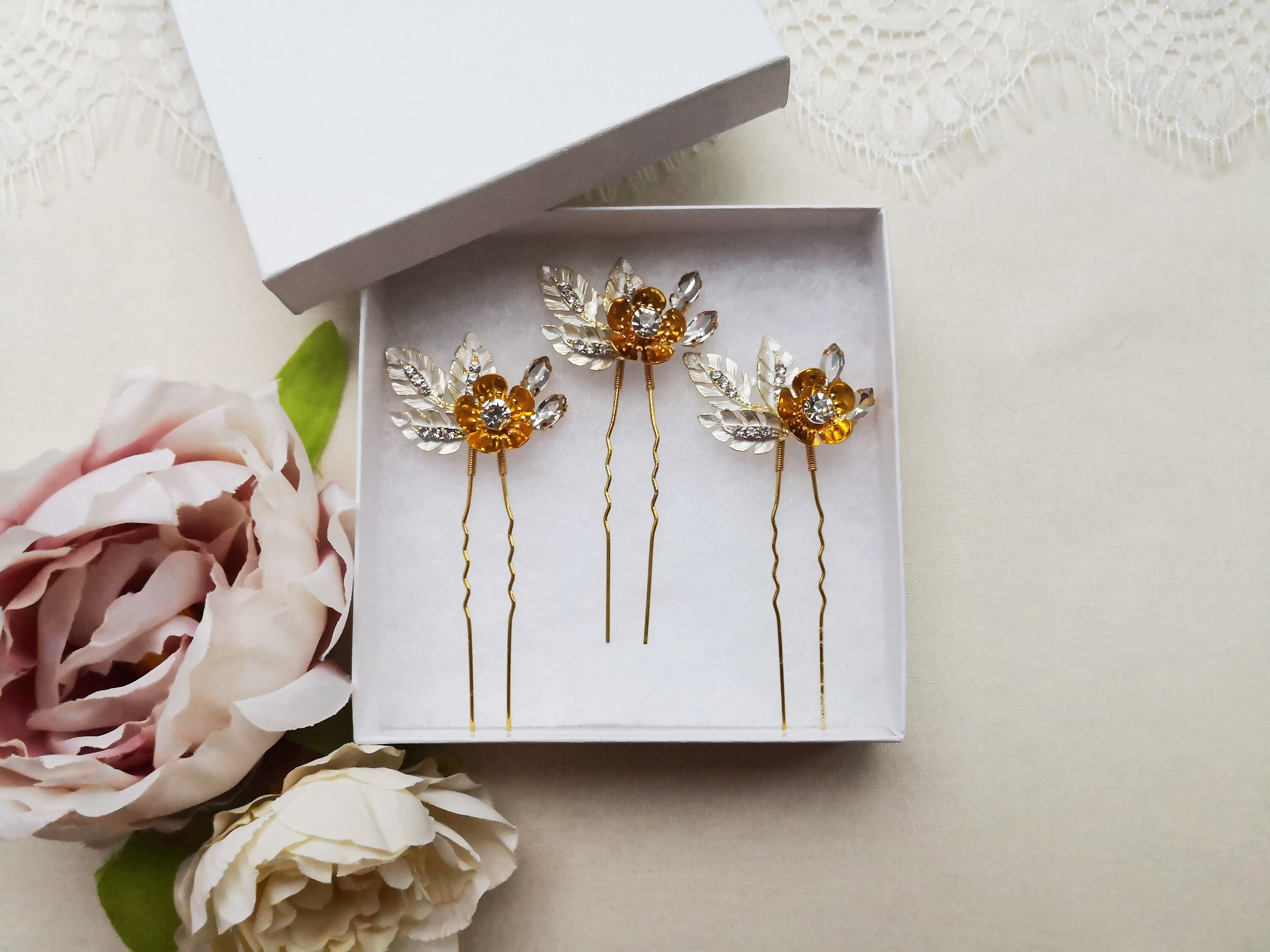 Set of Gold Flower Hair Pins Gold Leaf Wedding Hair Etsy UK