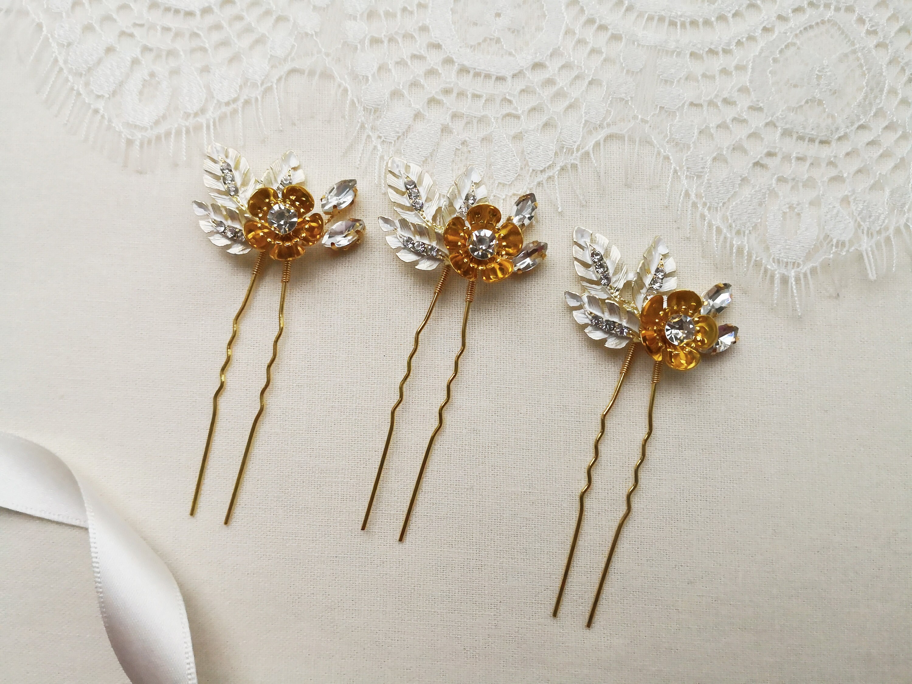 Set of Gold Flower Hair Pins Gold Leaf Wedding Hair Etsy UK