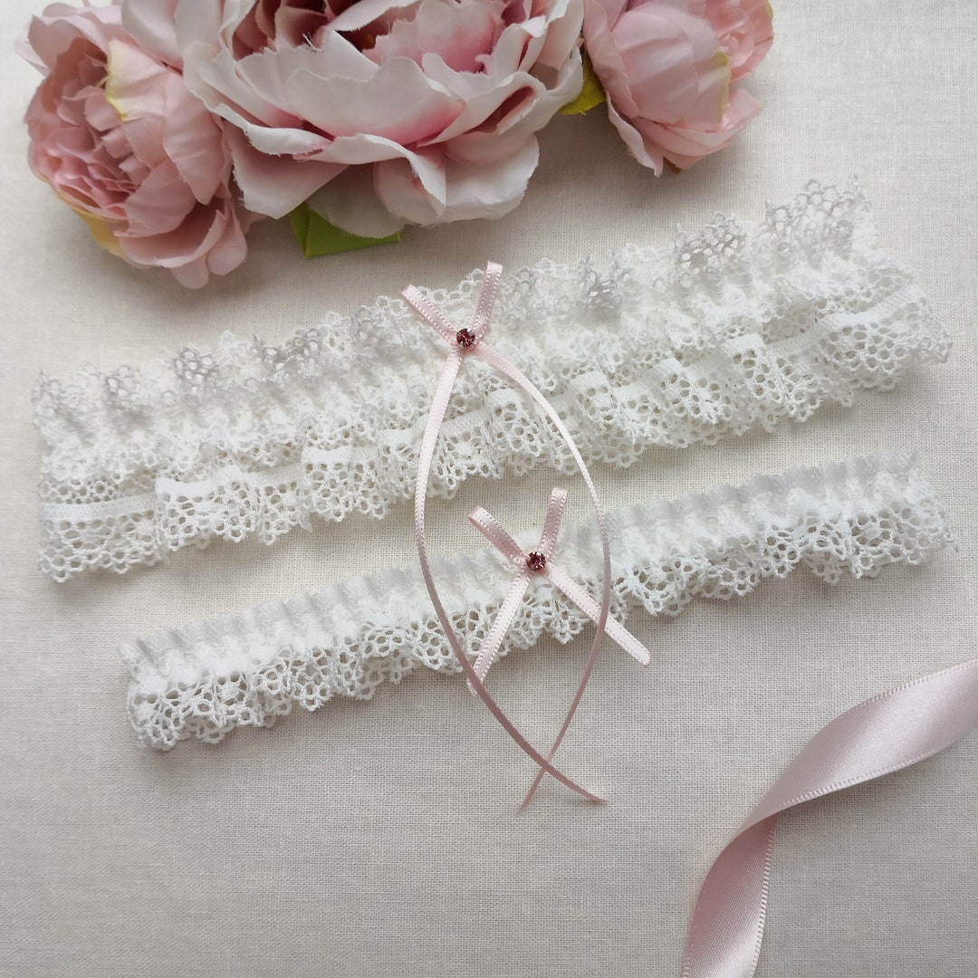 Light Pink Crystal Wedding Garter Set, Ivory Bridal Garter Set With