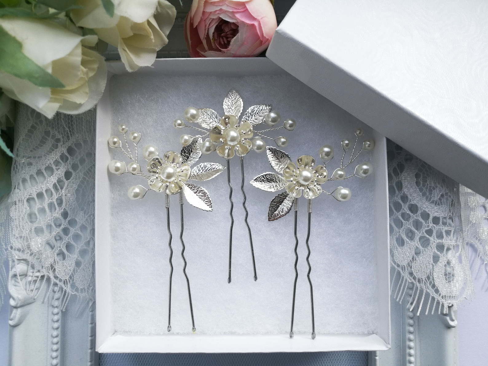 Silver leaf hair pins silver flower hair pins for weddings Etsy