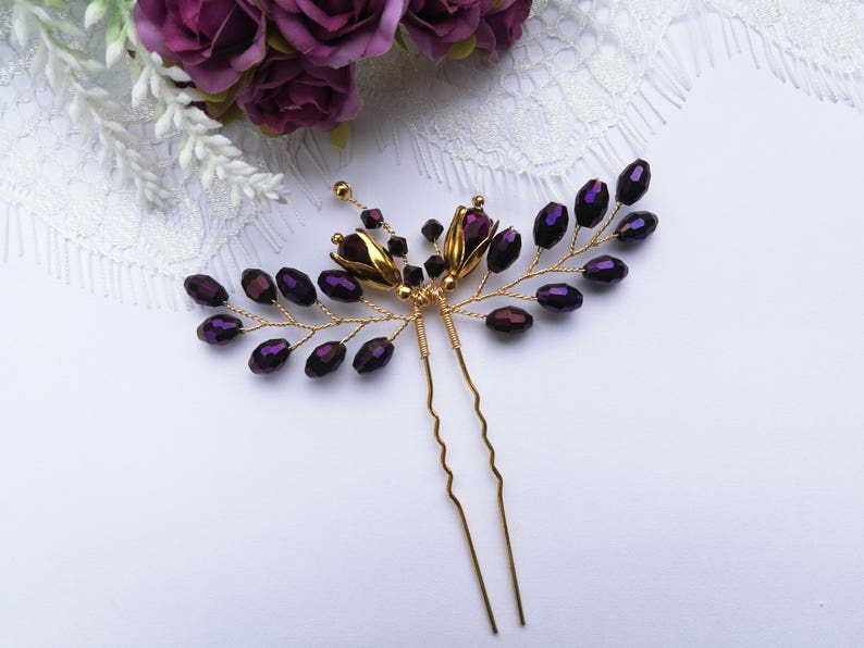 purple bridal hair piece purple wedding hair piece purple bridal hair pin Purple hair pin gold hair pin purple wedding hair pin