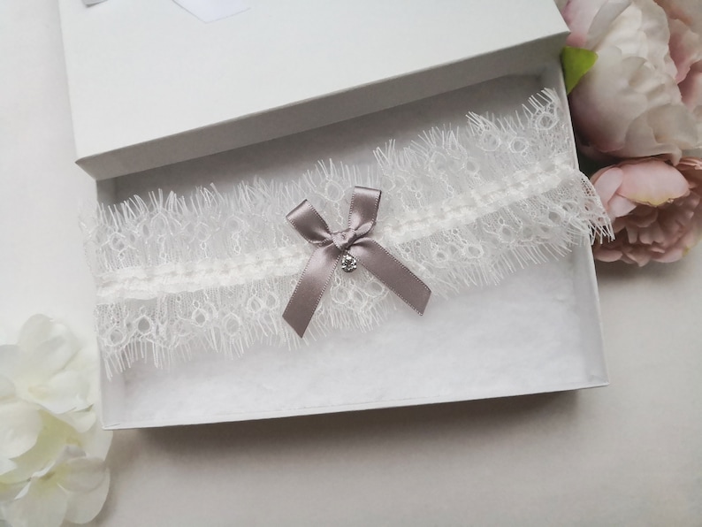 bridal garter with crystal drop ivory eyelash lace garter Silver grey wedding garter