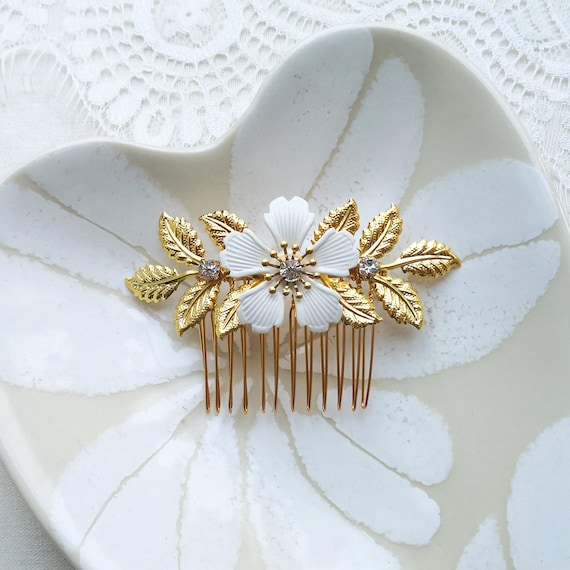 Ivory Flower Hair Comb, Gold Wedding Hair Accessories, Gold  display picture 1