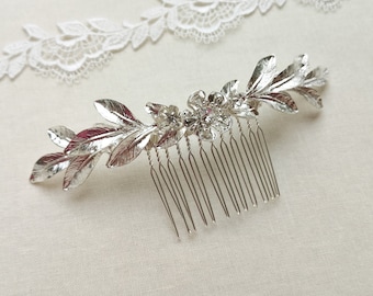 Silver leaf hair comb, silver wedding hair accessories, silver flower bridal hair piece