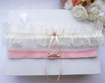 Pink wedding garter set, ivory lace garter set, pink garter set, crystal garter set, rhinestone garter set, pink bridal garter set