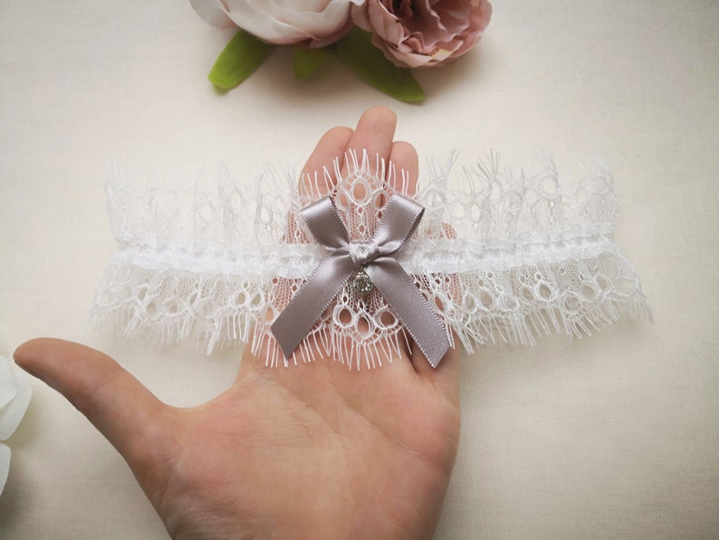 bridal garter with crystal drop ivory eyelash lace garter Silver grey wedding garter