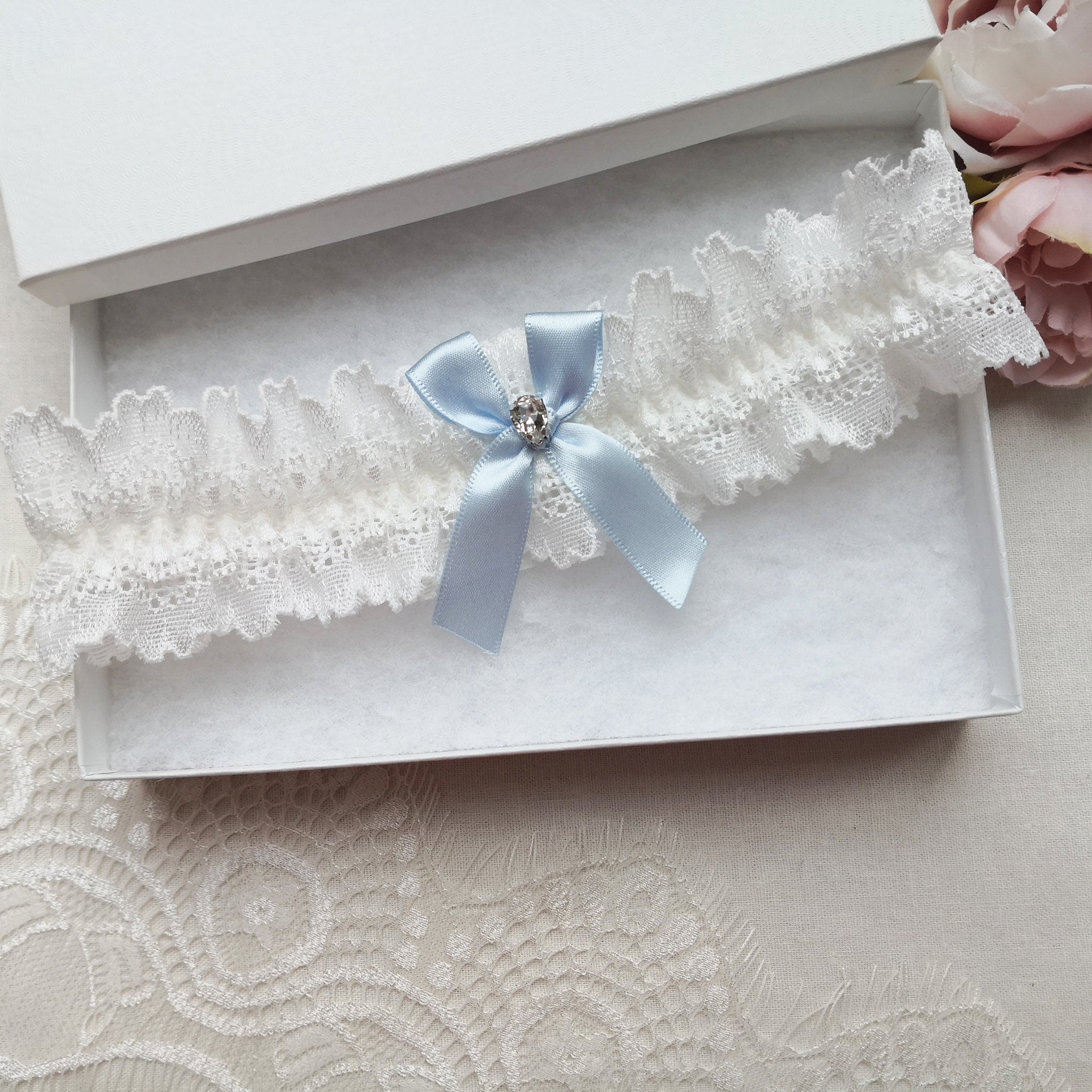Blue Bow Wedding Garter Ivory Bridal Garter With Crystal - Etsy UK