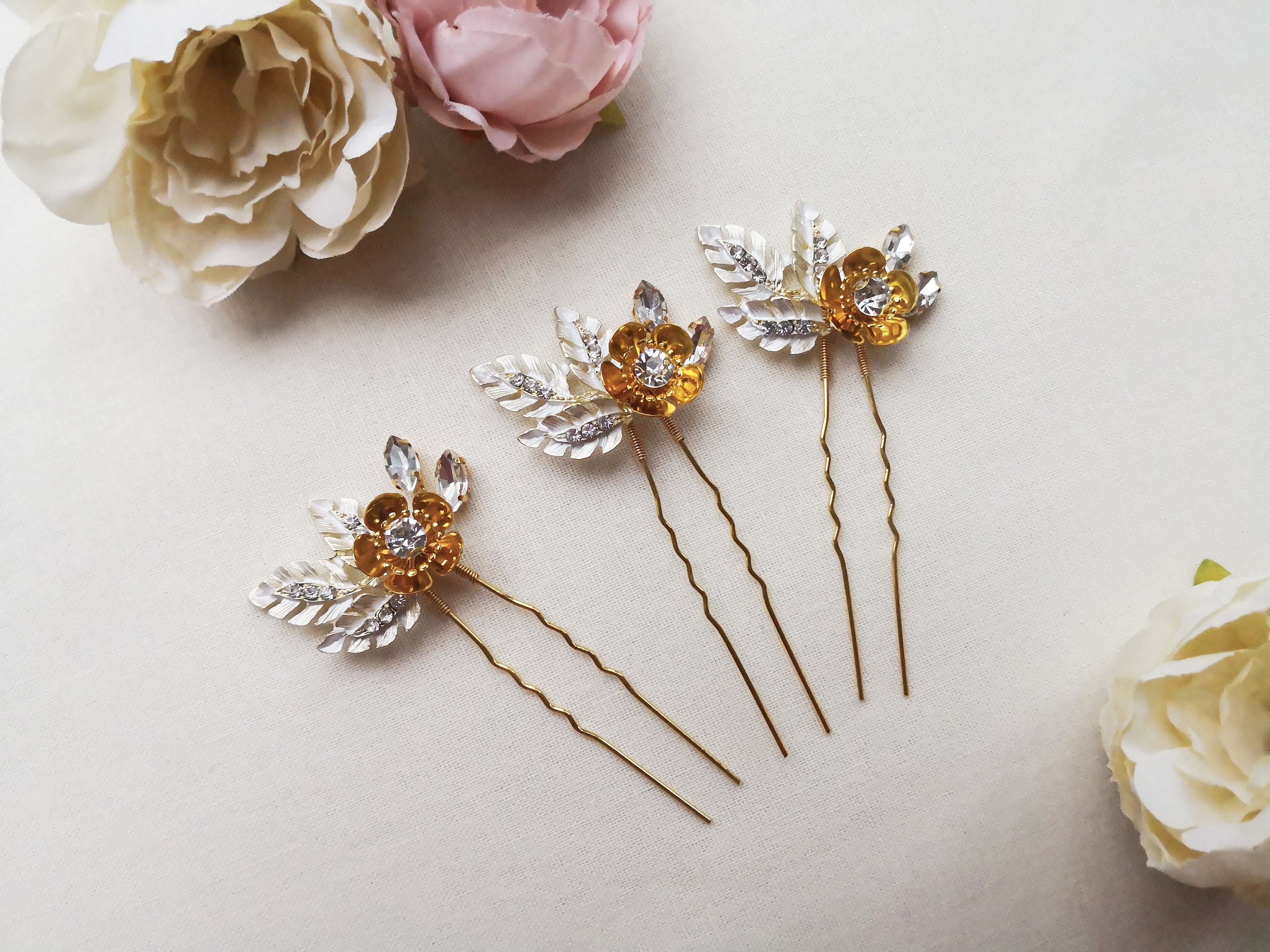 Set of Gold Flower Hair Pins Gold Leaf Wedding Hair Etsy UK