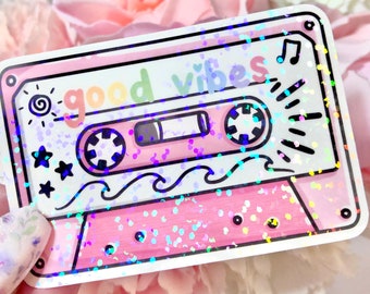 Holographic Good Vibes Vinyl Sticker| Kawaii Mixtape Die-Cut| Cute Retro Laptop Decal| Journalling & Scrapbook Supplies| Funky 80's Cassette