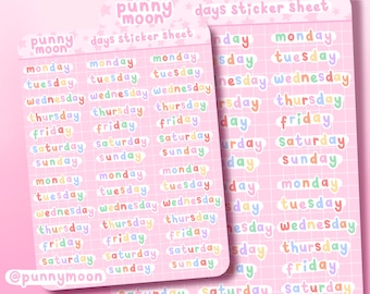 Rainbow Days of the Week Sticker Sheet| Cute Weekday Planner Stickers| Kawaii Weekly Journal Sticker| Colourful Date Stickers| Monday-Sunday
