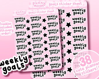Può includere: Un foglio di adesivi con 38 adesivi carini per planner che presentano il testo "weekly goals" ripetuto in testo nero su uno sfondo rosa. Il testo "punny moon" è anche visibile nell'angolo in alto a sinistra del foglio.