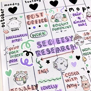 Op de afbeelding: Een weekplanner met handgeschreven notities en stickers. De planner bevat taken zoals "SEO Etsy Research", "Post Office", "Print Orders" en "Halloween Prep!"