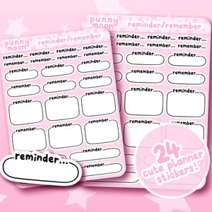 May include: A set of 24 pink and white planner stickers with the text "punny moon reminder/remember" and "24 cute planner stickers!"  The stickers feature blank spaces for writing reminders.